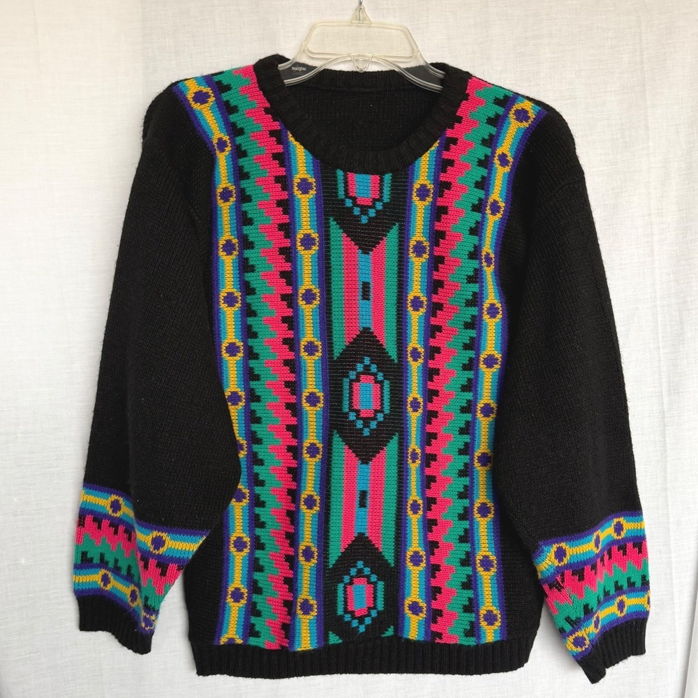 Vintage 80s 90s Southwestern Retro Eclectic Geometric Knit Sweater Black Large